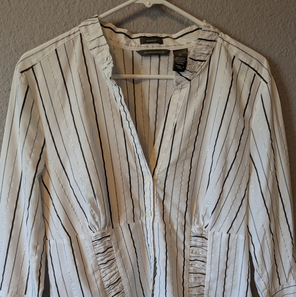 Hillard & Hanson White Blouse with Black And Silver Vertical Stripes XL - Picture 5 of 9
